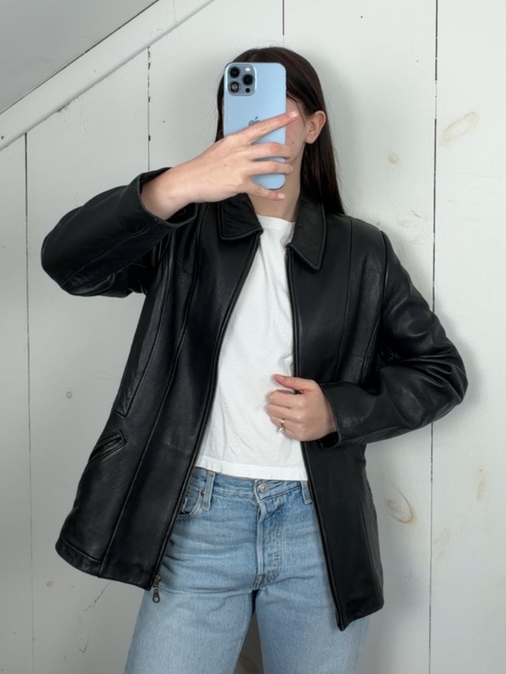 Vintage Black Genuine Leather Full Zip Collared Jacket Women’s Medium 90s Y2K